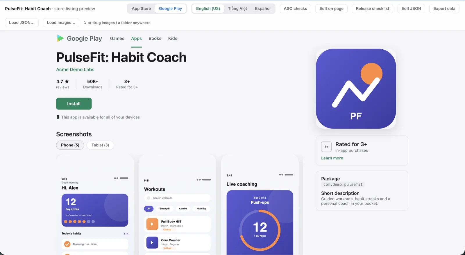 App Preview tool: Google Play store-listing preview