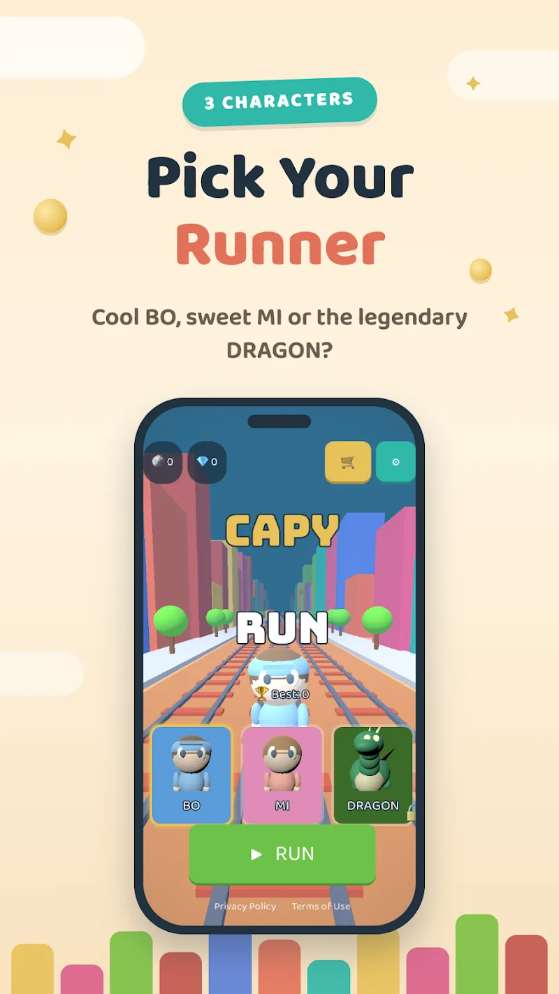 Capy Run Play Store screenshot: pick your runner