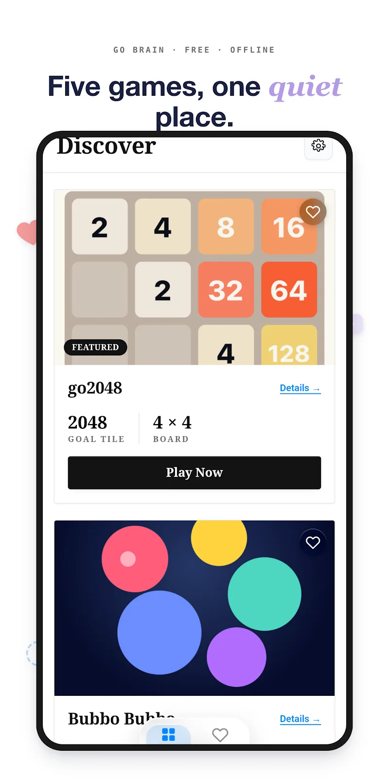 GoBrain Play Store screenshot: five games, one quiet place