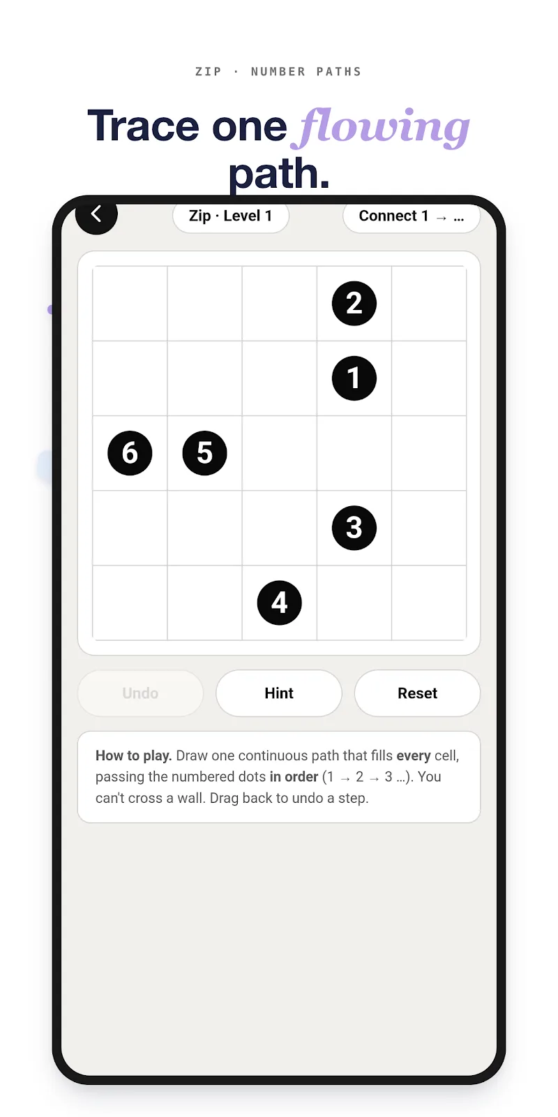 GoBrain Play Store screenshot: Zip, trace one flowing path