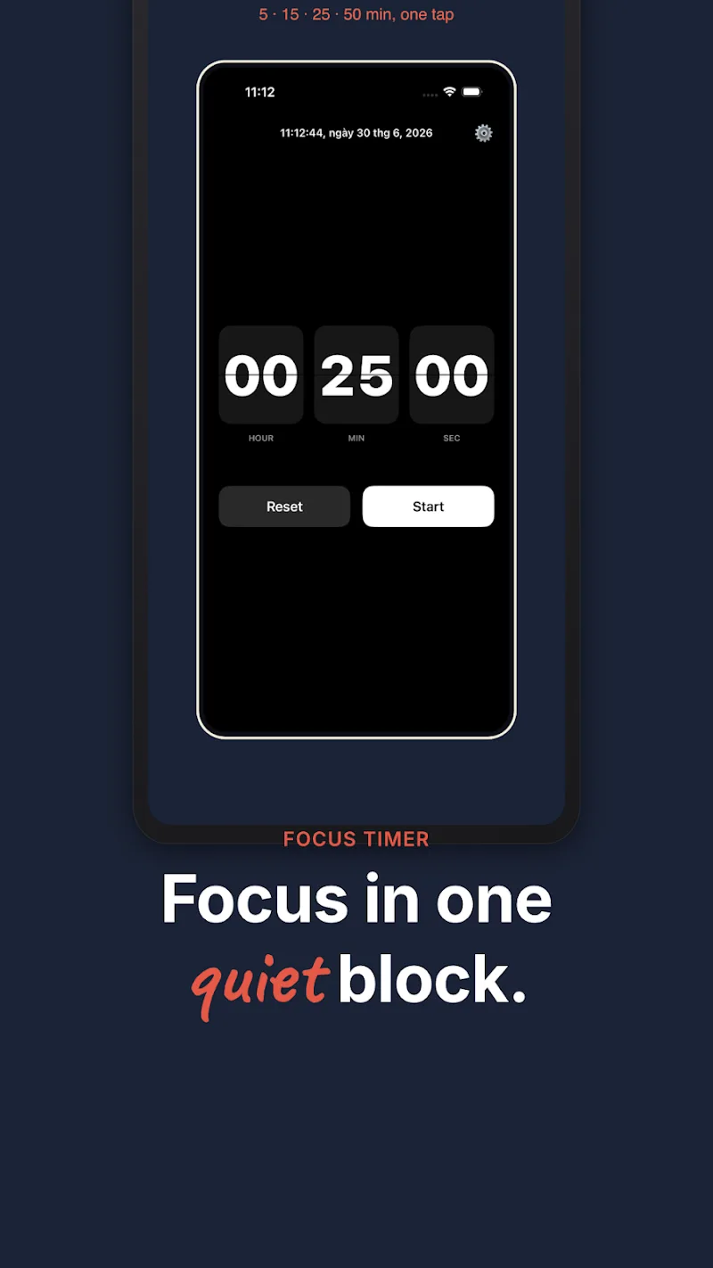 ProFocus Play Store screenshot: focus timer, focus in one quiet block
